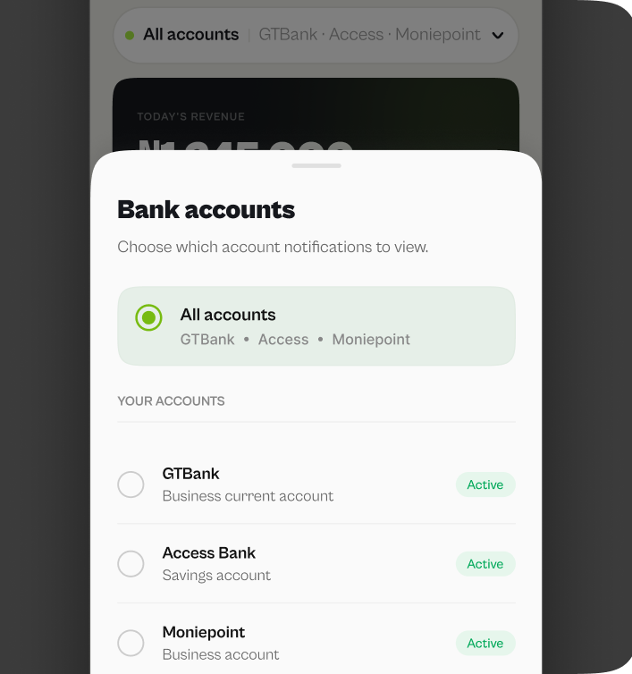 A bank accounts sheet listing GTBank, Access Bank and Moniepoint, each marked active, with an option to view all accounts together.