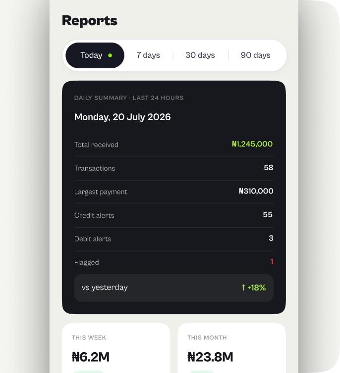 A daily summary report showing total received, transaction count, largest payment, and credit, debit and flagged alert counts.
