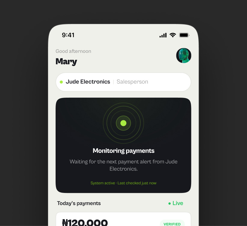 A teammate's phone showing a verified ₦120,000 payment with the bank, time and reference, and a note that balance and account details are private.